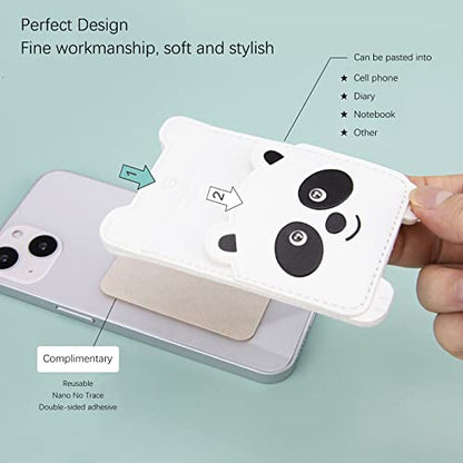 Cell Phone Wallet,White Leather Cute Panda, Secure Card Holder for iPhone, Android & Smartphones,Premium Leather,Adhesive Sleeve Pocket,Minimalist Design