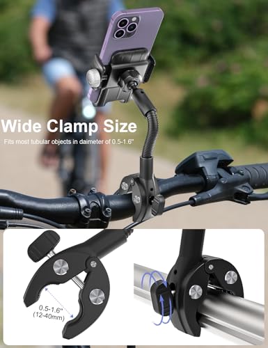 Gooseneck Phone Holder for Bike - Motorcycle Phone Mount, 360° Rotatable Adjustable Cell Phone Handlebar Clamp, Scooter Phone Clip, for iPhone Air 17 Pro Max 16 1514 13, S25, 4.7-7" Smartphones