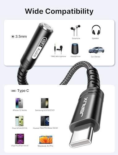 JSAUX USB C to 3.5mm AUX Audio Adapter for iPhone 18 Pro Max, Black - color: Black, size: 1 x 0.6ft