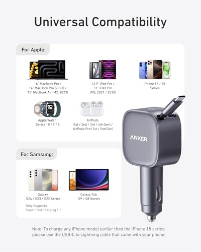 Anker 75W Fast Charging USB C Car Charger with Retractable Built-in Cable
