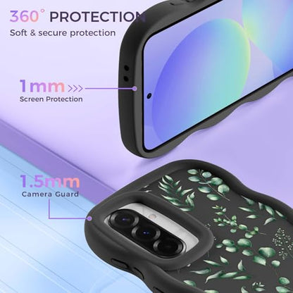 for Galaxy A36 Phone Case, Wavy Soft TPU, Black-Eucalyptus | Wavy Frame Design, Soft Slim TPU, Full Camera Lens Protection, Shockproof Phone Cover - color: Black-Eucalyptus, size: Samsung A36