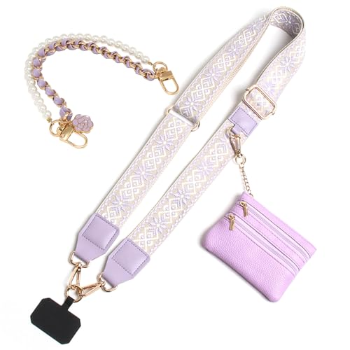 Phone Strap with Zippered Pouch, Clip and Go Strap for Phone with Wallet Crossbody, Adjustable Crossbody Phone Strap-1 - color: Jacquard Purple
