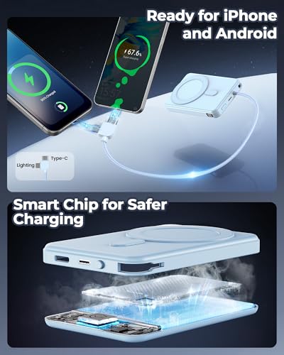 10000mAh Portable Charger, 20W Fast Charging, Built-in Cables with Handle | Charge from 20% to 85% in 30 Mins, 30% Smaller, magnetic grip, Stays Cool, LED Display, for iPhone, Samsung, Android Phones - color: 03.Blue