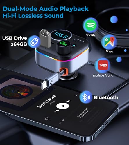 Bluetooth 5.4 FM Transmitter, 72W Car Charger with 45W Retractable USB-C PD