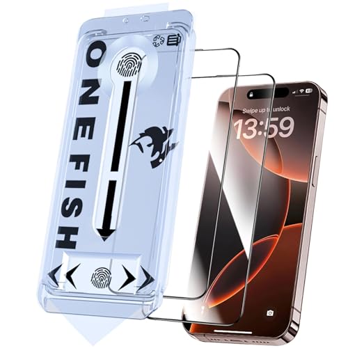 OneFish Screen Protector Glass for iPhone 17e/16e/13/13PRO/14 | 9H Glass Scratch Resistant, HD Clarity Tempered Film with Installation Frame, Easy Installation, 2 Pack - size: iPhone 17e / 16e / 13 / 13PRO / 14