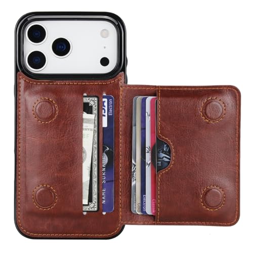 KIHUWEY Compatible with iPhone 17 Pro Max Wallet Case Credit Card Holder, Premium Leather Kickstand Flip Hidden Magnetic Clasp Durable Shockproof Protective Cover for 6.9 inch (Brown) - color: Brown
