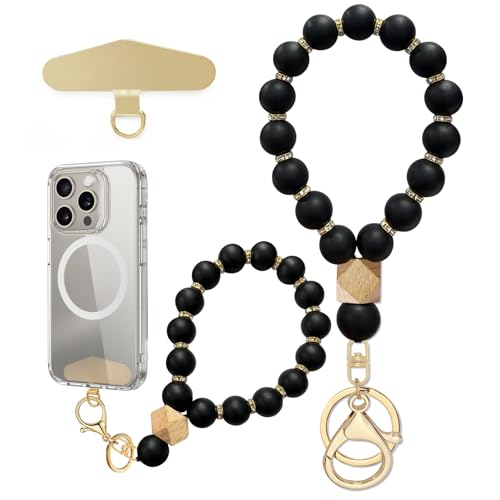 Silicone Beaded Phone Wrist Strap, Phone Bracelet Strap with Tether Tab Elastic Hands Free Wristlet Strap - color: Black