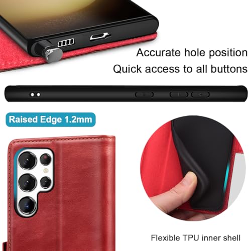KEZiHOME Genuine Leather Wallet Case for Samsung Galaxy S24 Ultra | Red/Brown, RFID Blocking Card Slot, Kickstand, Magnetic Protective Phone Folio Cover, Compatible with Galaxy S24 Ultra - color: Red/Brown