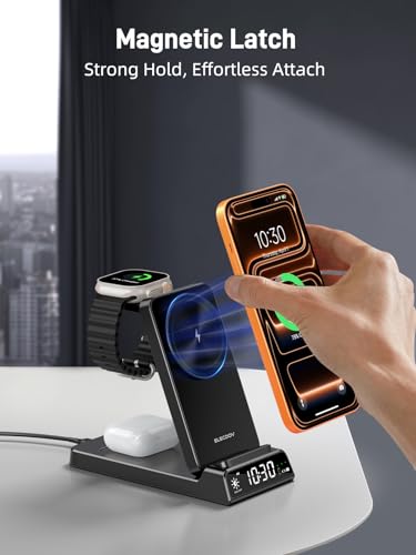 3 in 1 Charging Station for Apple,Travel Wireless Charger with Clock - color: Black