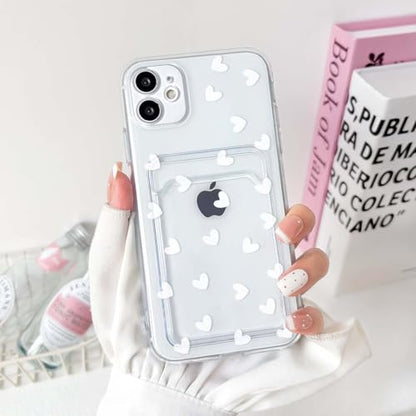NITITOP Compatible with iPhone 12 Case Clear with Card Holder Cute White Love Heart Pattern Design Design Soft TPU Shock-Absorbing Wallet Case Protective Cover - White - color: White, size: iPhone 12