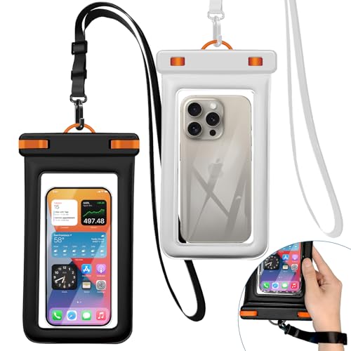 IPX8 Floating Waterproof Dry Bag 2-Pack,7.2 Inch Waterproof Phone Pouch for iPhone 16/15/14 Pro Max Galaxy S24/S23 Adjustable Lanyard + Wrist Strap Beach Swimming Travel Essentials - color: black+white+ Orange