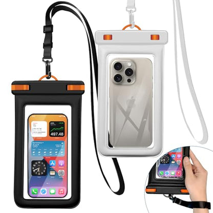 IPX8 Floating Waterproof Dry Bag 2-Pack,7.2 Inch Waterproof Phone Pouch for iPhone 16/15/14 Pro Max Galaxy S24/S23 Adjustable Lanyard + Wrist Strap Beach Swimming Travel Essentials - color: black+white+ Orange