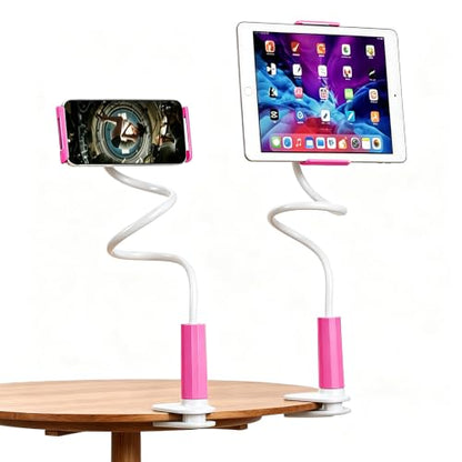 2-in-1 Gooseneck Phone & Tablet Holder for Bed, Flexible Clamp Mount & Overhead Stand for Desk & Headboard, Compatible with iPhone 17/16/15/14 and 4–10.6" Devices (Pink) - color: Pink