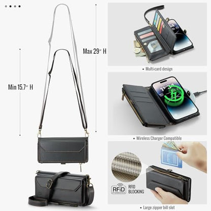 Strapurs Wallet Case Compatible with iPhone 14 Pro Max RFID Blocking 10-Card Holder Soft PU Leather Magnetic Snap Shoulder Strap Zipper Pocket Phone Case Fit for iPhone 14 Pro Max - Black | RFID Blocking 10-Card Holder, Shoulder Lanyard, Wirst Strap, Zipp