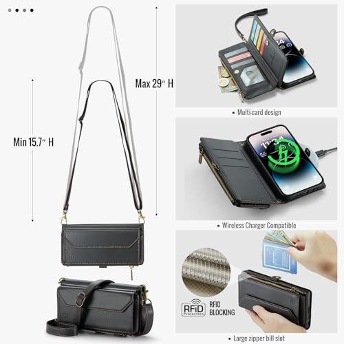 Strapurs Wallet Case Compatible with iPhone 14 Pro Max RFID Blocking 10-Card Holder Soft PU Leather Magnetic Snap Shoulder Strap Zipper Pocket Phone Case Fit for iPhone 14 Pro Max - Black | RFID Blocking 10-Card Holder, Shoulder Lanyard, Wirst Strap, Zipp