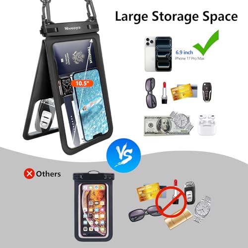 Niveaya [Up to 10.5"]Waterproof Phone Pouch - 2 Pack, Waterproof Phone Lanyard Case with iPhone 17/16/15/14/13 Pro Max up to 9.5", Phone Dry Bags for Vacation Beach Pool Kayak Cruise Travel Essentials - color: Black+ Black, size: Large 10.5"