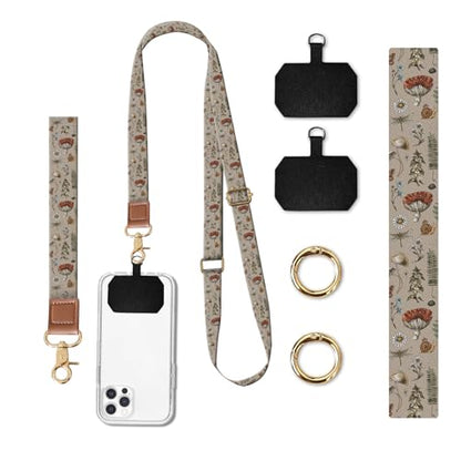 Phone Lanyard Crossbody Wrist Strap, Universal Adjustable Neck Strap for Phone Case Keys ID Badges, Travel Essential - color: Brown Boho Mushroom