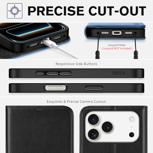 TUCCH Case Wallet for iPhone 17 Pro Max, RFID Blocking, Black & Light Blue | 4 Card Holders, Kickstand, PU Leather, Magnetic Closure, Shockproof TPU Shell, Protective Flip Cover - color: Two-tone Black & Light Blue