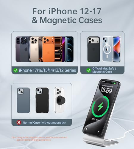 Magnetic Wireless Charger for iPhone Duo/18/17/16/15/14/13/12 - Mag Charger+20W USB C Adapter, Aluminum Fast Wireless Charging Stand/Pad with 5ft USB-C Cable for iPhone 18/17/16/15/14/13/12, Airpod - color: silver