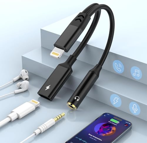 2-in-1 Lightning to 3.5mm Jack Headphone and Charger Cable Adapter,Earphones Converter Splitter Support Music+Charge+HiFi+Mic+Control for iPhone 14 Pro Max/14 13 12 11【Apple MFi Certified