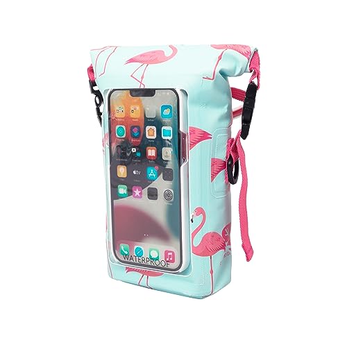 geckobrands Waterproof Phone Tote with 2L Dry Bag and Adjustable Strap – Protect Your Phone and Valuables While on The Go - color: Flamingo Stripe