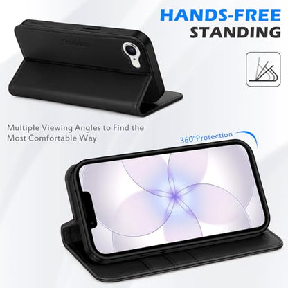 SHIELDON Genuine Leather Folio Wallet Case for iPhone 17e/16e 6.1", Black | Flip Magnetic Cover, Kickstand, RFID Blocking, 3 Credit Card Holder, Book Design, Shockproof, Soft Inner Phone Case - color: Black