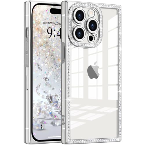 Clear Glitter Phone Case for iPhone 14 Pro Max Luxury Bling Diamond | Sparkly Rhinestones Soft TPU Plating Rectangle Edge Camera Protection Transparent Shockproof Cover for Women Girls, Silver - color: Silver, size: iPhone 14 Pro Max