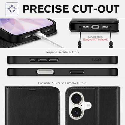 TUCCH Wallet Case for iPhone 17 (6.3") 2025, 4 Card Holders, Black | RFID Blocking, Viewing Stand, Shockproof TPU Shell, PU Leather, Magnetic Closure, Protective Folio Flip Cover - color: Black