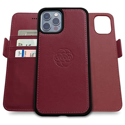Dreem Vegan Leather Magnetic Detachable Wallet Case for iPhone 13 Pro | Built-in Phone Stand, RFID Blocking Card Holder Flip Cover, MagSafe Compatible, Gift Box [Fibonacci: Burgundy] - color: Burgundy, size: iPhone 13 Pro