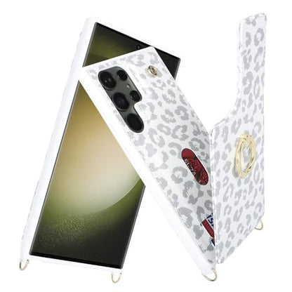Lipvina for Samsung Galaxy S23 Ultra Case with Card Holder and Strap for Women,Crossbody Lanyard,Ring Stand,Snap Clasp,Cute Phone Wallet Cases 6.8 inch(White Leopard) | Cute Crossbody Lanyard Wallet,4 Card Holder,RFID Blocking,and a 360° Ring Kickstand.Li