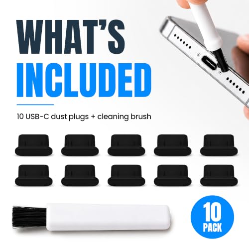 USB C Dust Plugs 10 Pack with Cleaning Brush, Charging Port Covers, Black - color: Black