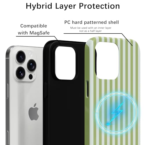 Skyseaco Compatible with iPhone 15 Pro Max Case with MagSafe, Cute Striped Phone Case for Women Girls, Soft TPU + Hard PC Dual Layer Shockproof Glossy Protective Cover, Sage Green - color: Sage Green, size: iPhone 15 Pro Max