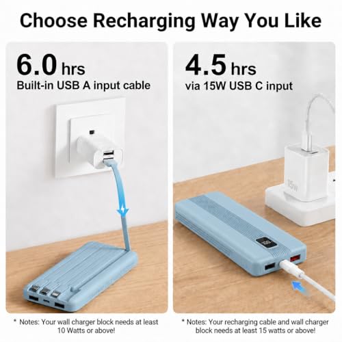 10000mAh Portable Charger with 4 Built-in Cables, 22.5W Fast Charging Power Bank, LED Display, Slim Travel Battery Pack for iPhone 17/16/15/14, Samsung Galaxy, iPad & More - color: Blue