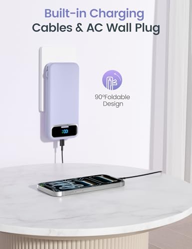 aonidi Portable Charger 12000mAh with Built-in Cables&AC Wall Plug, Purple - color: Purple