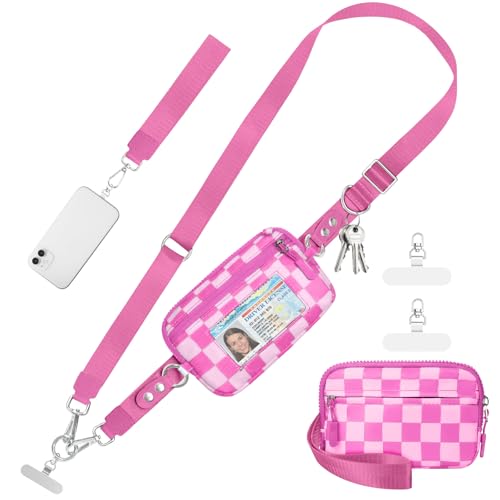 Tiostep Clip and Go Strap for Phone with Wallet Crossbody Phone Lanyard Adjustable and Detachable RFID Wristlet Wallet (Hot Pink Checkered, Medium) - color: Hot Pink Checkered, size: Medium