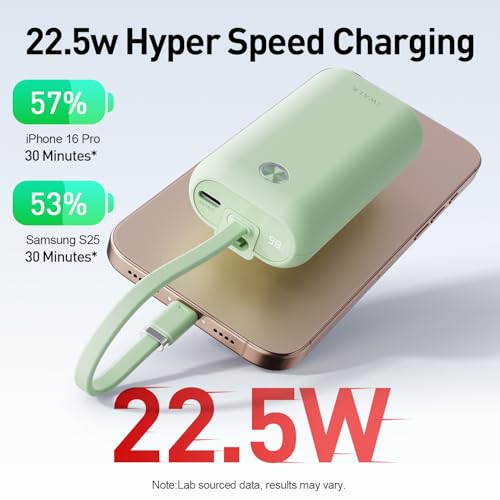 iWALK Mini Portable Charger 10,000mAh, 22.5W USB-C Fast Charging Power Bank with Built-in Cable, Travel Essential Ultra-Small Battery Pack Compatible for iPhone 17/16/16 Pro/15, Samsung, Google, Green - color: Green 22.5W