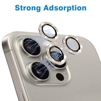 Compatible with iPhone 15 Pro & 15 Pro Max Camera Lens Protector, Bling Glitter Diamond Lens Cover 9H Tempered Glass Camera Cover Anti Scratch Shockproof Screen Protector - Natural Titanium - color: Natural Titanium Glitter