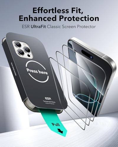 ESR 3 Pack for iPhone 16 Pro Screen Protector, Classic | Easy One-Pull Installation, 2X Impact Absorption, 9H Tempered Glass, Full-Coverage Protection, UltraFit Tray, Bubble-Free - size: iPhone 16 Pro 6.3 inch