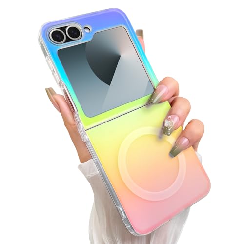 Cute Case for Samsung Galaxy Z Flip 6 & 5, Gradient Iridescent | Compatible with Magsafe, Aesthetic Girly Translucent Blue & Pink Glitter Rainbow Magnetic Phone Cover for Women Girls - color: Gradient Blue & Pink, size: Samsung Galaxy Z Flip 6 / 5