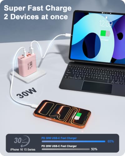 2-Pack 65W USB C Charger Block, 6-Port Fast Wall Charging Block [3 PD USB-C & 3 QC USB-A] for iPhone 17 16 15 Pro Max, iPad Pro, Galaxy S26 S25, Pixel 10 9, iWatch,Google & More - color: Pink