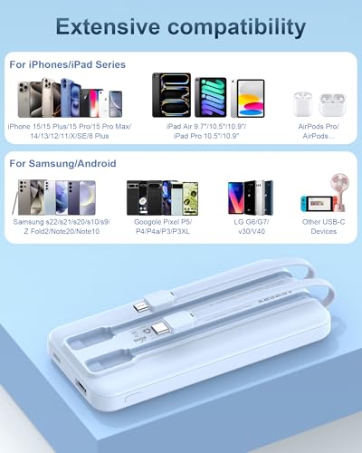 AsperX 2-Pack 10000mAh Portable Charger Built-in USB C Cables, LED Display - color: Bule+pink