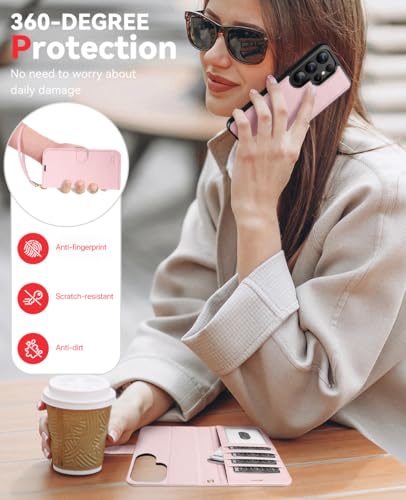 OCASE for Samsung Galaxy S25 Ultra Detachable Wallet Case, Pink | 2-in-1, Card Holder, RFID Blocking, Stand, Wrist Strap, Shockproof, Wireless Charging, Magnetic, PU Leather Flip Phone Cover - color: Pink, size: Samsung Galaxy S25 Ultra