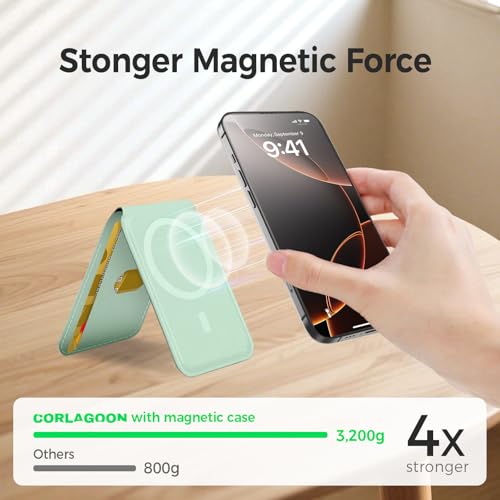 for MagSafe Wallet，Leather Magnetic Wallet for Phone with Adjustable Stand，5 Magnetic Credit Card Holder RFID Blocking for iPhone 17 16 15 14 13 12 Pro Max Air Series Cases(Slim-Green) - color: Slim-Green