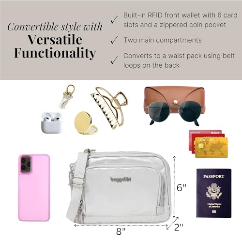 Baggallini Triple Zip with Front Wallet/Trifecta RFID Wallet Crossbody - color: Silver Metallic