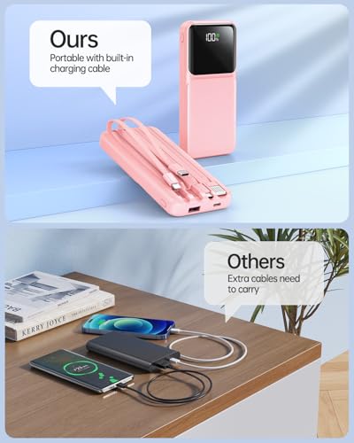 RONEGN Portable Charger with Built in Cable - Power Bank Fast Charging 22.5W USB C 10000mAh LED Display Travel Battery Pack 5 Outputs & 3 Inputs for iPhone Samsung Android iPad Phones Tablets etc - color: Pink
