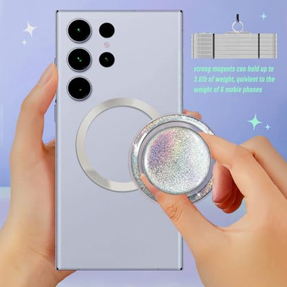 Magnetic Phone Grip, Foldable Magnet Stand & Universal Kickstand for Magsafe Smartphones, Tablet, Detachable Magnetic Grip, Sparkly Transparent Sliver Glitter