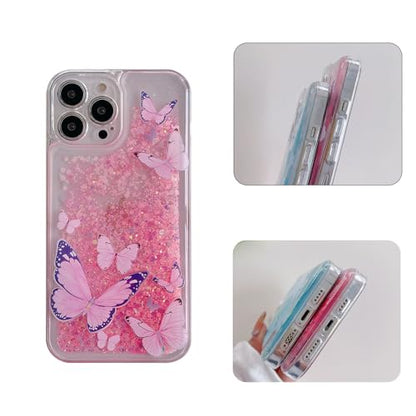 Compatible with iPhone 15 Pro Max Glitter Butterfly Case Glow in The Dark Women Girls Girly Bling Sparkle Flowing Quicksand Light up Case Soft TPU Bumper Luminous Clear Phone Cover, Pink - color: Pink, size: iPhone 15 Pro Max