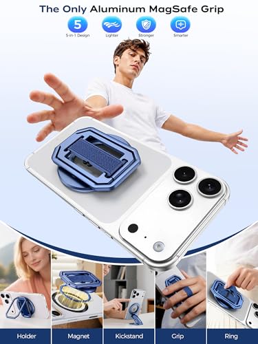 Ultra-Light & Durable Aluminum Phone Grip Stand for MagSafe with Strap - color: Blue(All-Aluminum)