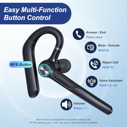 ONE LIFE Bluetooth Headset with Microphone, Bluetooth Earpiece for Work, Wireless Headset with Mic, 15H Talk Time, 500mAh Charging Case, Bluetooth 5.3, LED Display for Office, Laptop, Phone, Driving