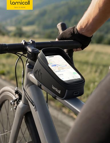 Lamicall Bike Frame Bag Waterproof - [1.6L Large Capacity] Bike Phone Bag | Bike Phone Holder Mount, Bicycle Front Bag, Cycling Pouch with Rain Cover, Bike Accessories for Phones Under 7"
